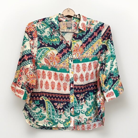 Chico's Tops - Chicos Linen Floral Geometric No Iron Button Shirt Blouse 3/4 Sleeve Sz 3 XLarge